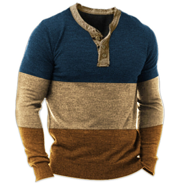 Vintage Contrast Print Men's Henley Long Sleeve T-Shirt