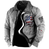 Men's Vintage American Flag Print Lining Plus Fleece Coat Outdoor Tactical Jacket