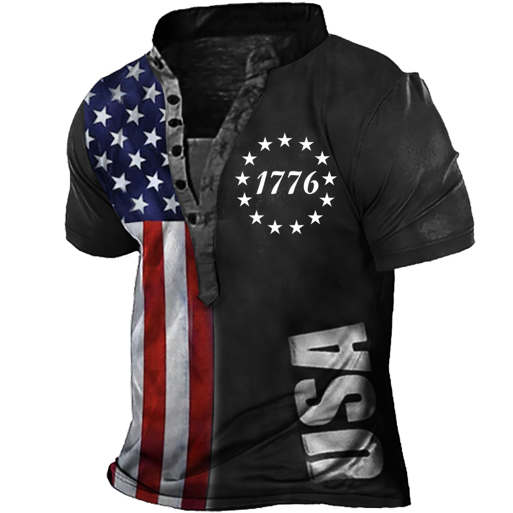 Men's 1776 American Flag Print Henley Collar T-Shirt