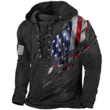 Men's American Flag Print Lace-Up Hoodie Sweatshirt
