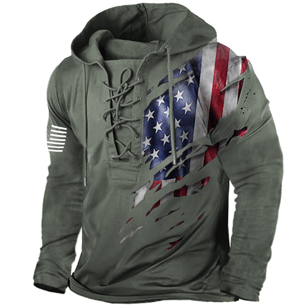 Men's American Flag Print Lace-Up Hoodie Sweatshirt
