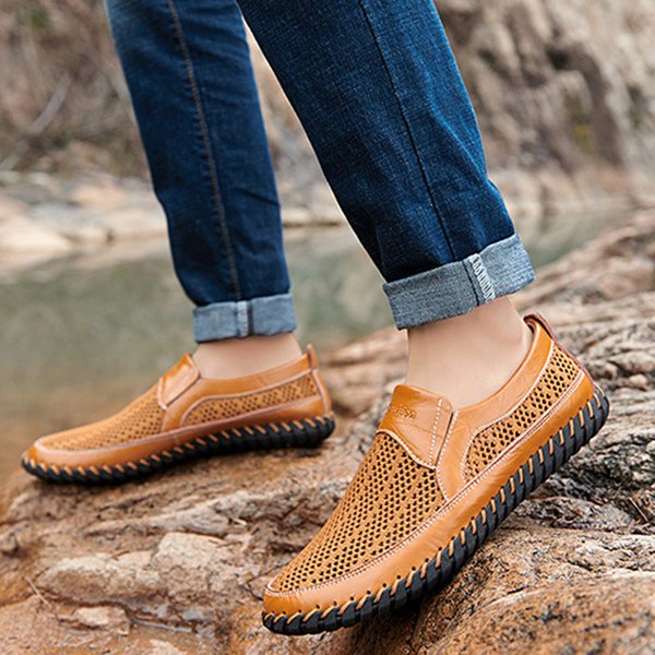 Men's Casual Leather Hollow-Out Loafers with Flat Heel Breathable Non-Slip Shoes