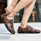 Men Summer Cow Split Leather Magic Tape Casual Sandals Shoes