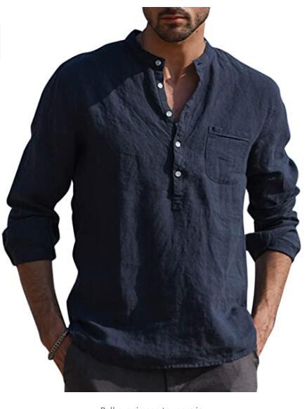 Men's Breathable Cotton Linen Henley Collar Pocket Long Sleeve