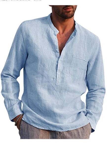 Men's Breathable Cotton Linen Henley Collar Pocket Long Sleeve