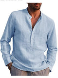 Men's Breathable Cotton Linen Henley Collar Pocket Long Sleeve