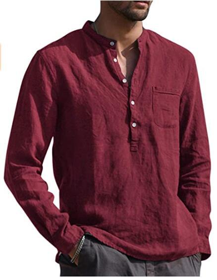 Men's Breathable Cotton Linen Henley Collar Pocket Long Sleeve
