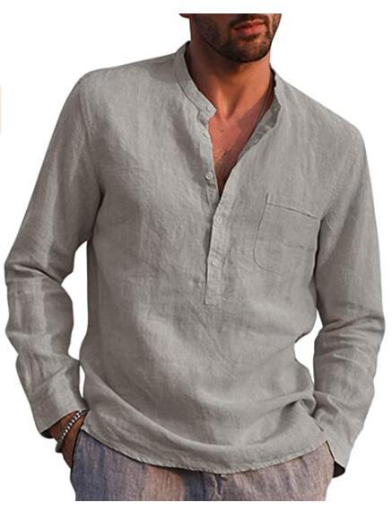 Men's Breathable Cotton Linen Henley Collar Pocket Long Sleeve