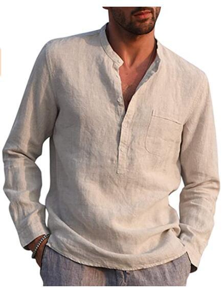 Men's Breathable Cotton Linen Henley Collar Pocket Long Sleeve