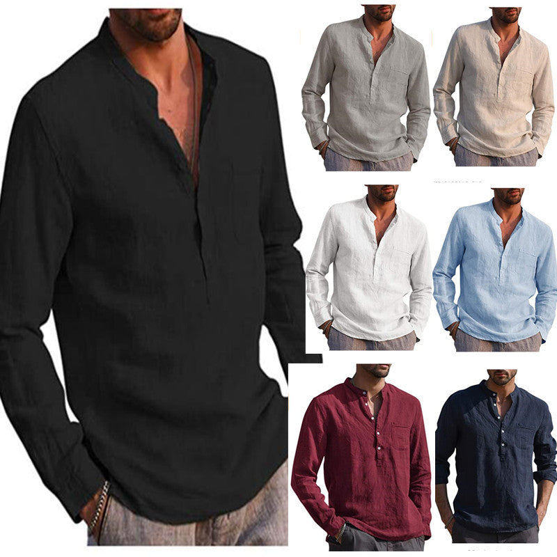Men's Breathable Cotton Linen Henley Collar Pocket Long Sleeve