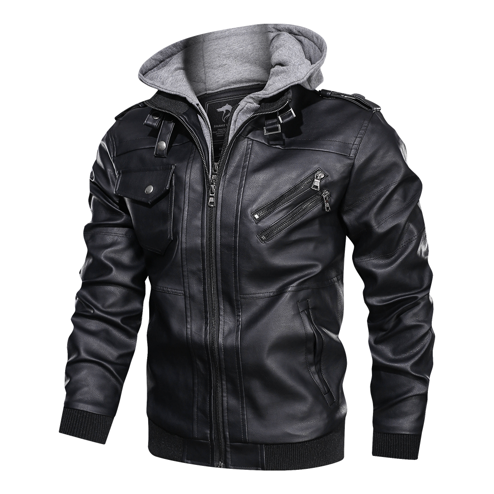 Distressed Leather Jacket Hooded Motorcycle Coat - Black