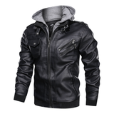 Distressed Leather Jacket Hooded Motorcycle Coat - Black