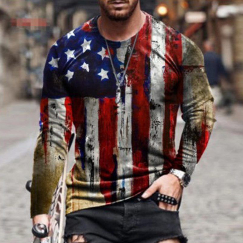 Mens O-Neck Retro Flag Long Sleeve T-Shirt