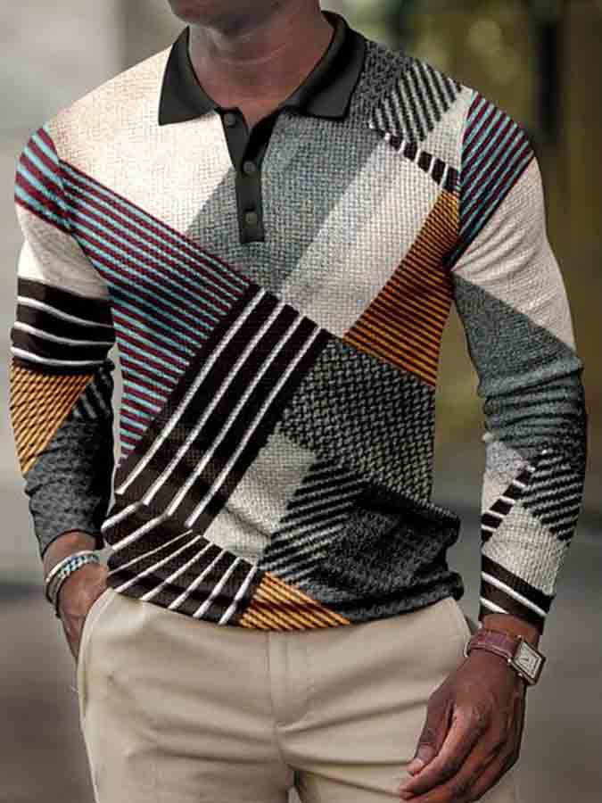 Men's Casual Polo Geometric Collar Long-sleeved Polo Shirt