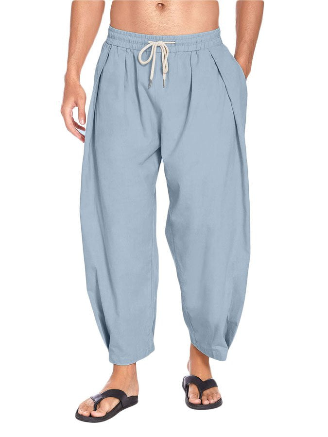 Men's Cotton Linen Drawstring Casual Lightweight Loose Beach Harem Pants