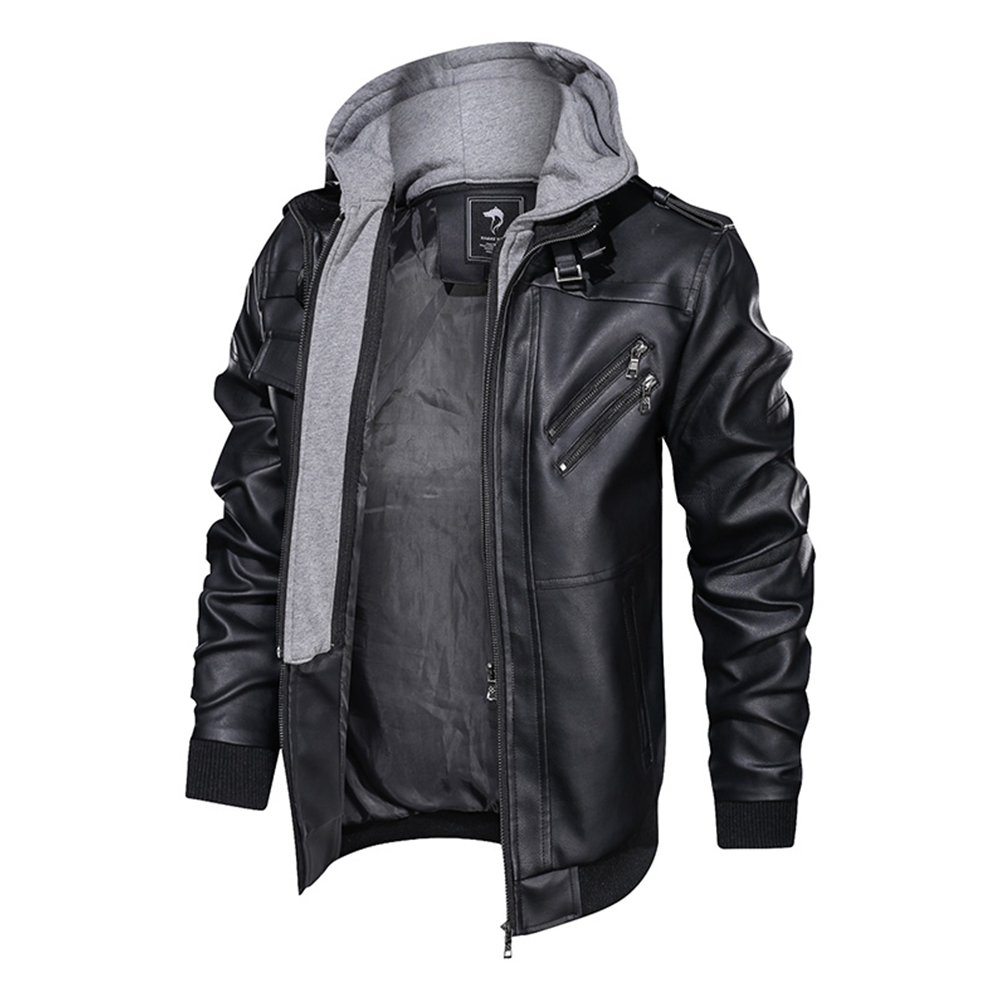 Distressed Leather Jacket Hooded Motorcycle Coat - Black
