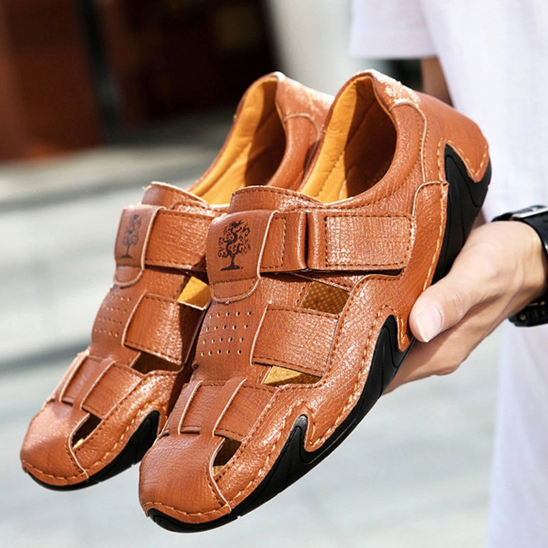 Men Summer Cow Split Leather Magic Tape Casual Sandals Shoes