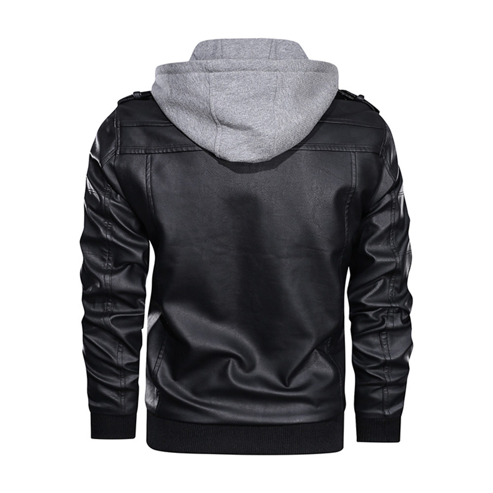 Distressed Leather Jacket Hooded Motorcycle Coat - Black
