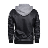 Distressed Leather Jacket Hooded Motorcycle Coat - Black