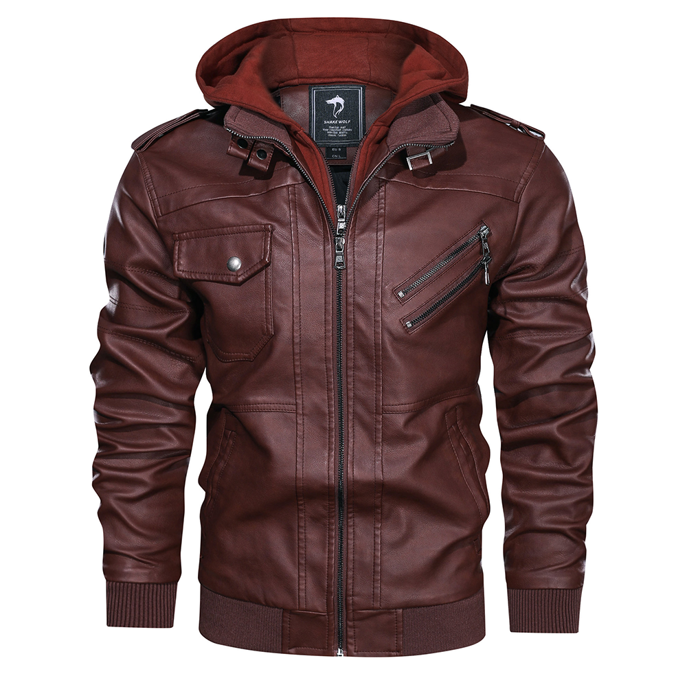 Distressed Leather Jacket Hooded Motorcycle Coat
