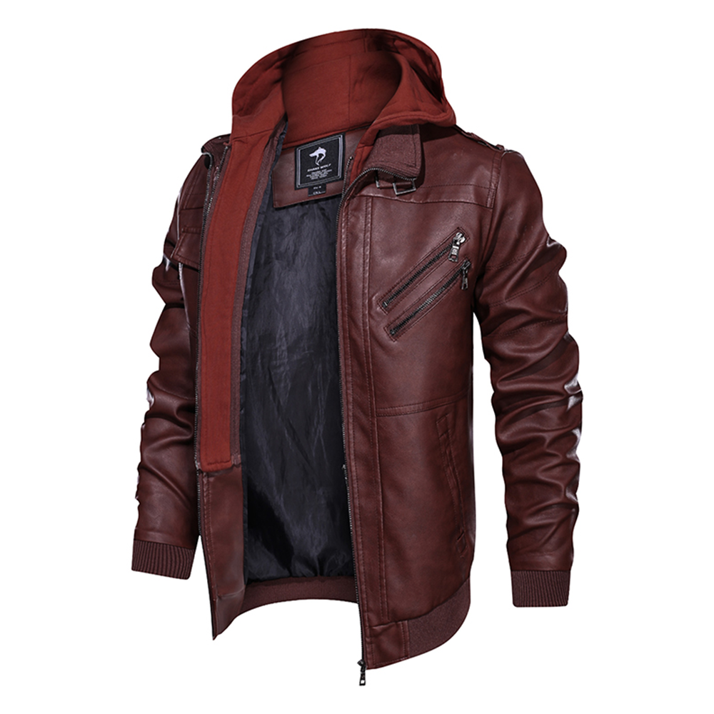 Distressed Leather Jacket Hooded Motorcycle Coat