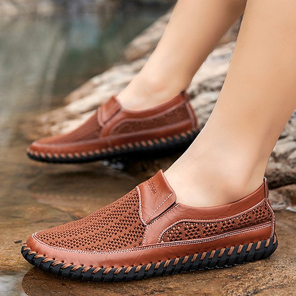 Men's Casual Leather Hollow-Out Loafers with Flat Heel Breathable Non-Slip Shoes