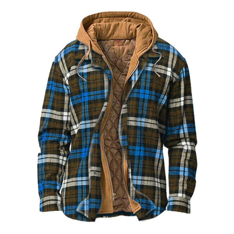 Men's Winter Flannel Quilted Lined Plaid Hooded Shirt Jacket