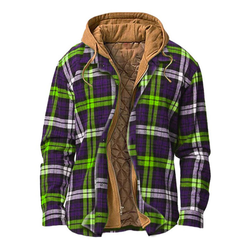 Men's Winter Flannel Quilted Lined Plaid Hooded Shirt Jacket
