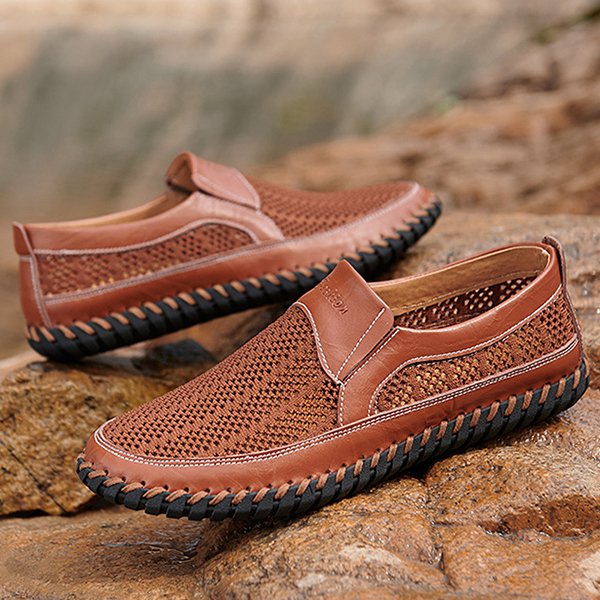 Men's Casual Leather Hollow-Out Loafers with Flat Heel Breathable Non-Slip Shoes