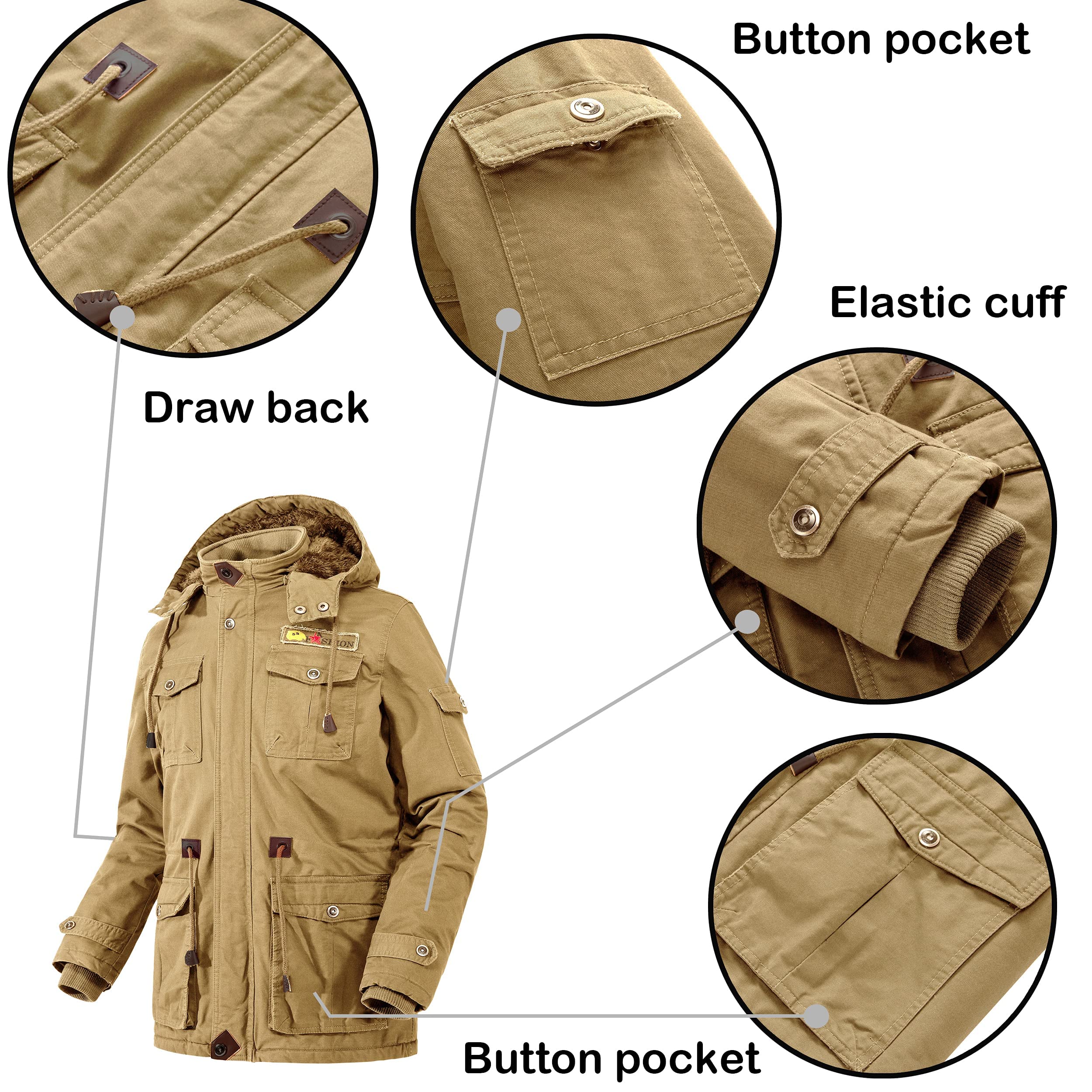 Men's Outdoor Plus Fleece Warm Hooded Multi-Pocket Mid-Length Thick Jacket