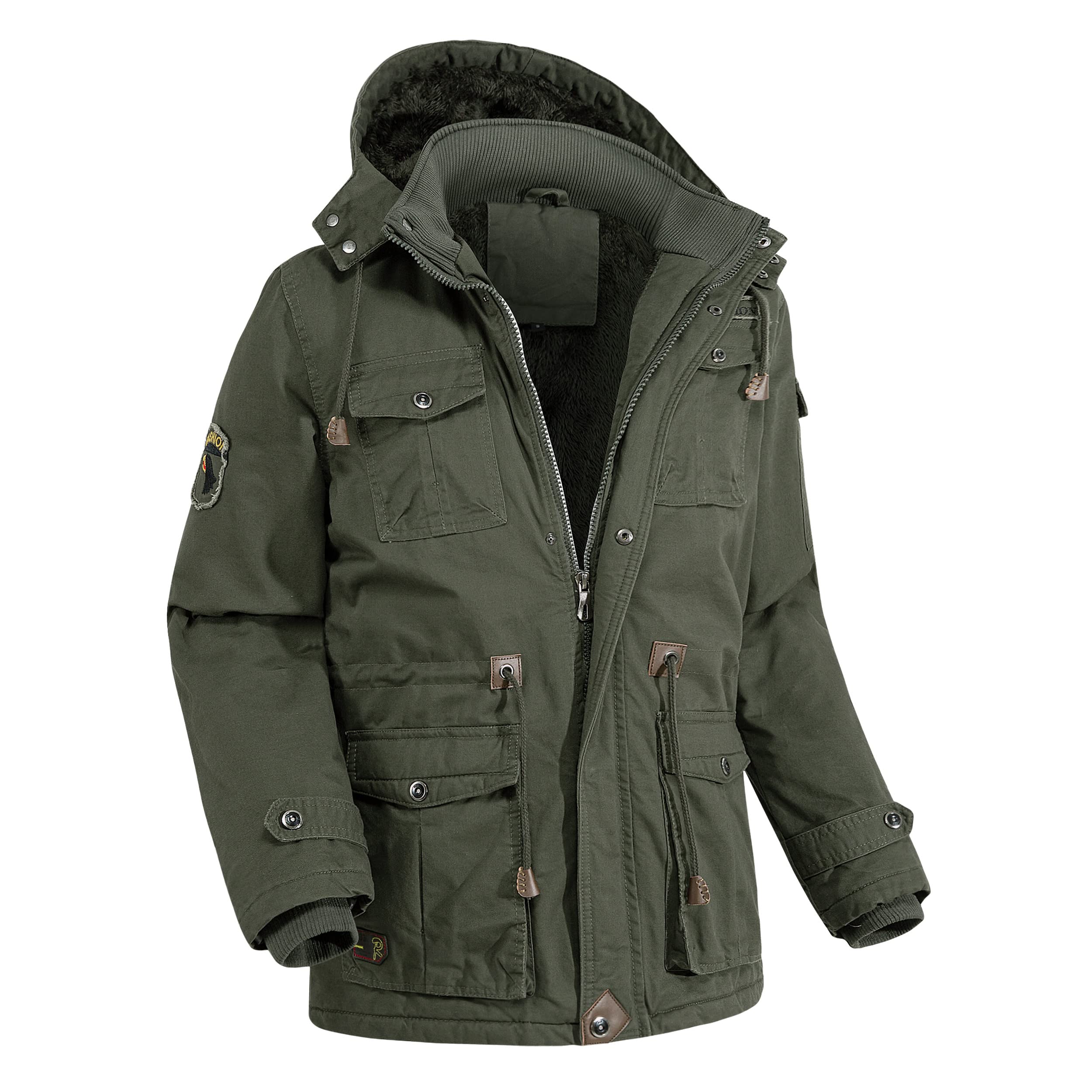 Men's Outdoor Plus Fleece Warm Hooded Multi-Pocket Mid-Length Thick Jacket