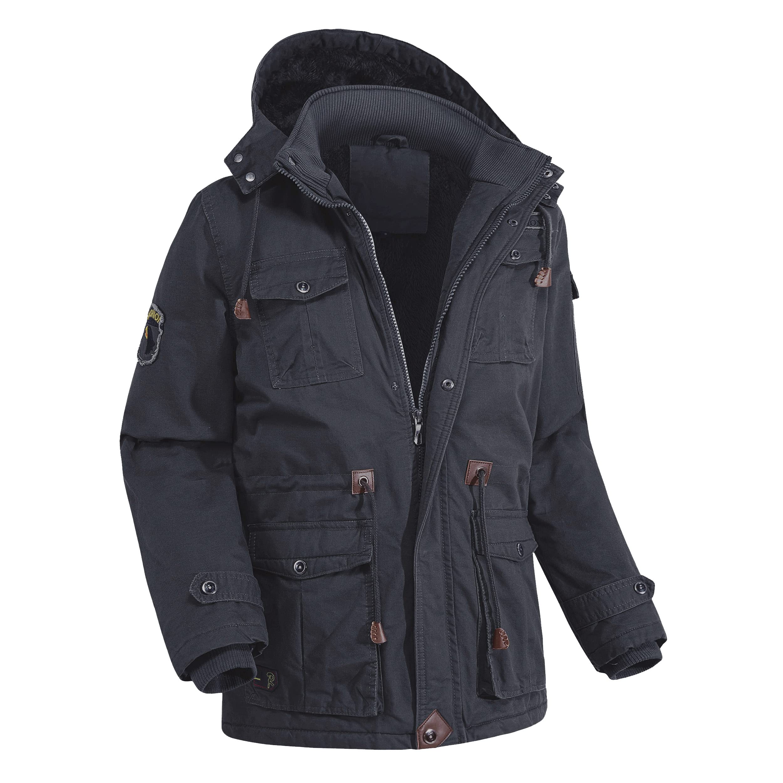 Men's Outdoor Plus Fleece Warm Hooded Multi-Pocket Mid-Length Thick Jacket