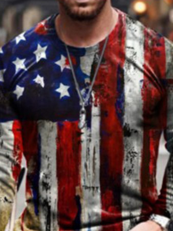 Mens O-Neck Retro Flag Long Sleeve T-Shirt