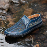 Men's Casual Leather Hollow-Out Loafers with Flat Heel Breathable Non-Slip Shoes