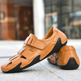 Men Summer Cow Split Leather Magic Tape Casual Sandals Shoes