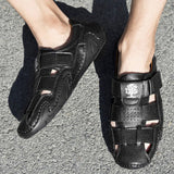 Men Summer Cow Split Leather Magic Tape Casual Sandals Shoes