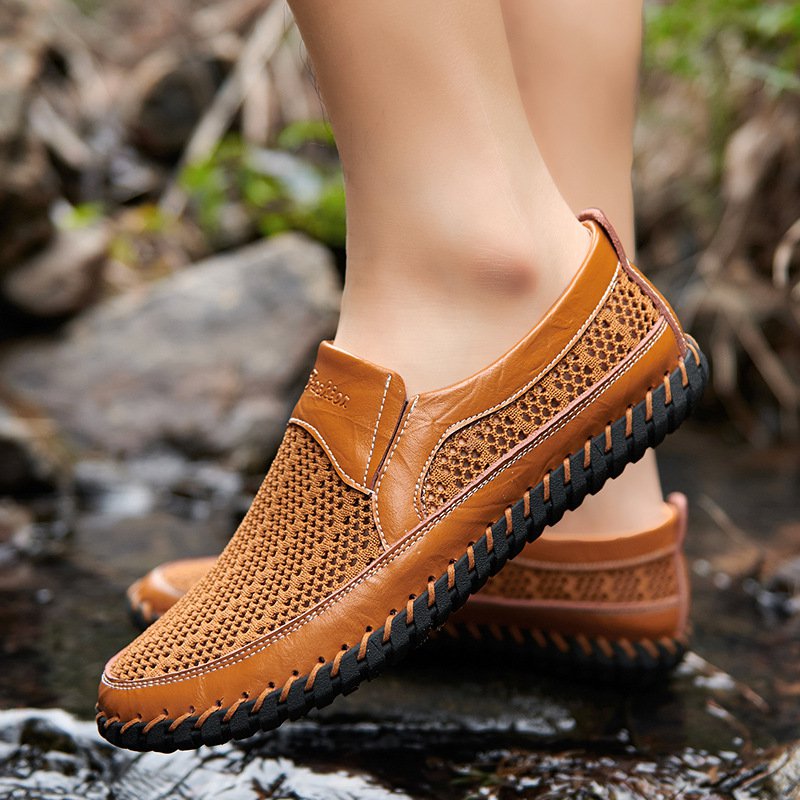 Men's Casual Leather Hollow-Out Loafers with Flat Heel Breathable Non-Slip Shoes