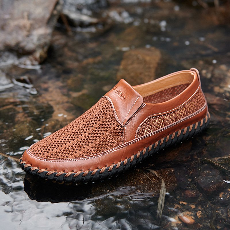 Men's Casual Leather Hollow-Out Loafers with Flat Heel Breathable Non-Slip Shoes
