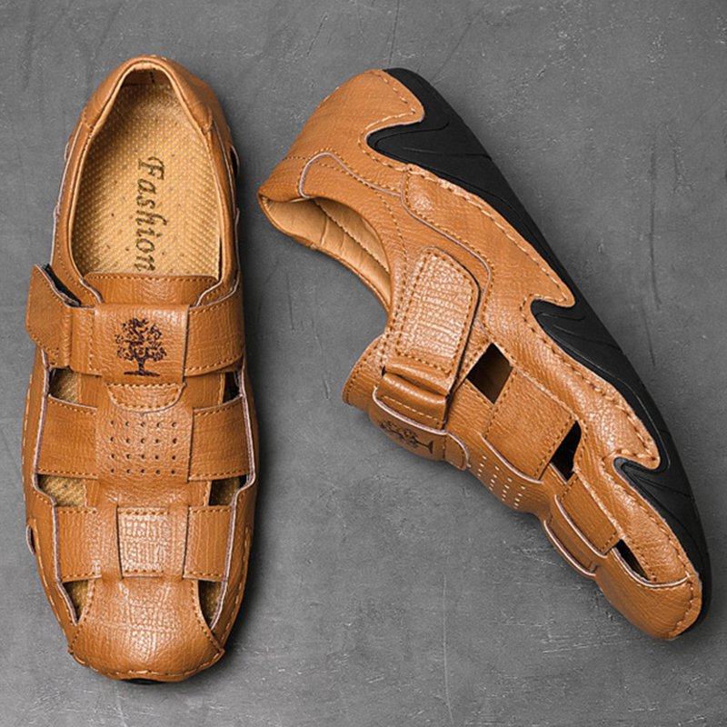 Men Summer Cow Split Leather Magic Tape Casual Sandals Shoes