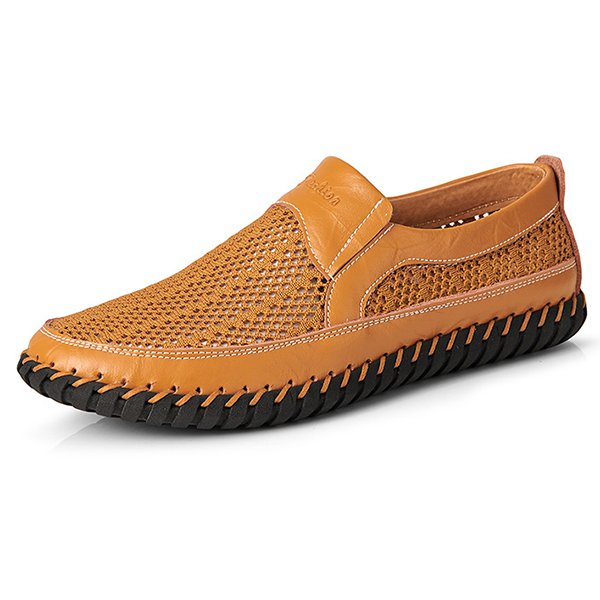 Men's Casual Leather Hollow-Out Loafers with Flat Heel Breathable Non-Slip Shoes