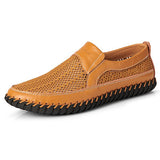 Men's Casual Leather Hollow-Out Loafers with Flat Heel Breathable Non-Slip Shoes