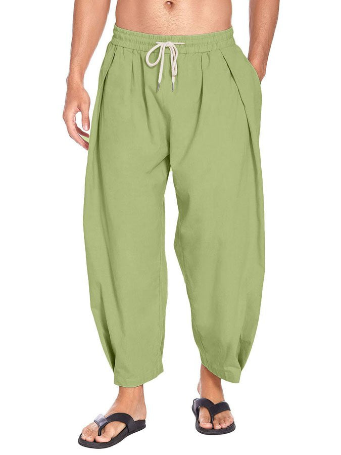 Men's Cotton Linen Drawstring Casual Lightweight Loose Beach Harem Pants