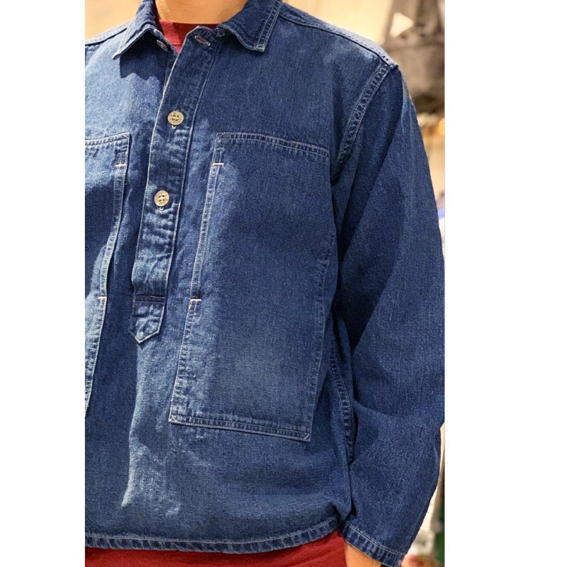 Men's Vintage Pocket Lapel Pullover Long Sleeve Denim Shirt