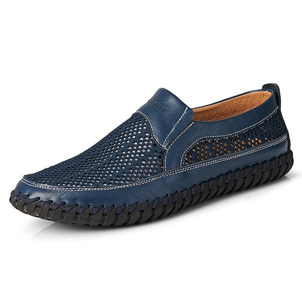 Men's Casual Leather Hollow-Out Loafers with Flat Heel Breathable Non-Slip Shoes