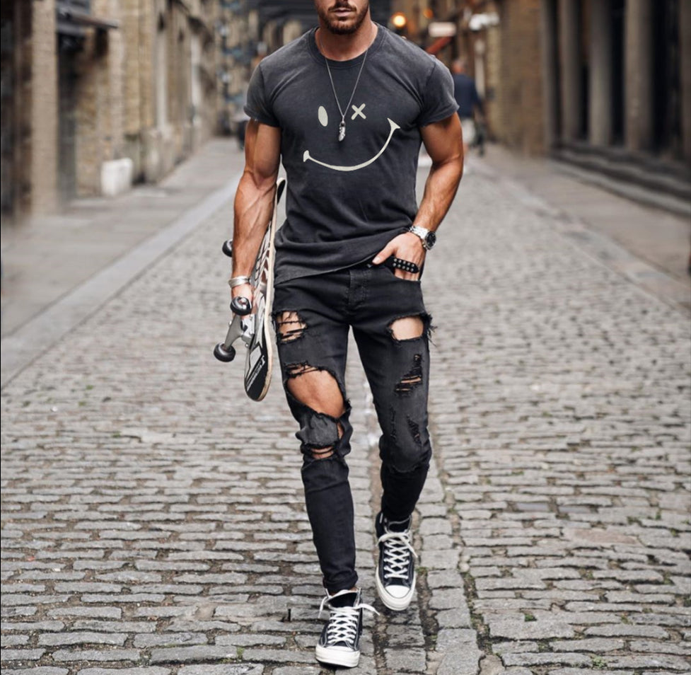 Mens Fashion Washing Short Sleeve Smiley T-shirt