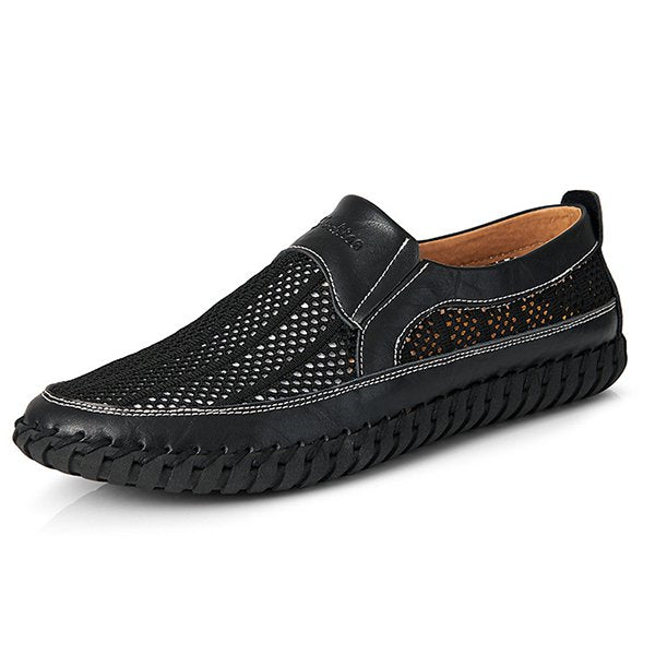 Men's Casual Leather Hollow-Out Loafers with Flat Heel Breathable Non-Slip Shoes