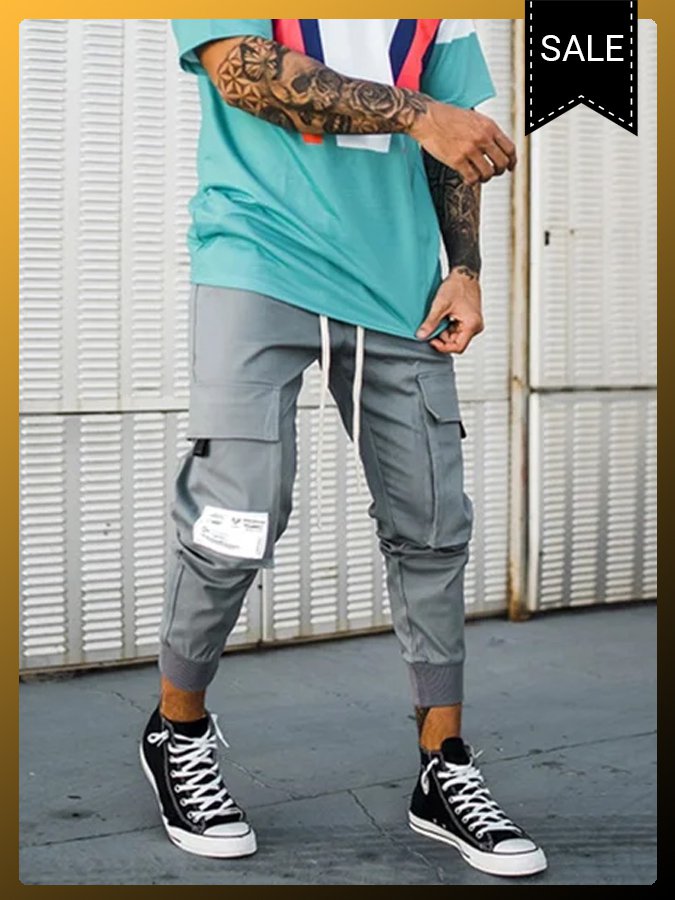 Gray Cotton-Blend Pockets Casual Pants