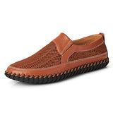 Men's Casual Leather Hollow-Out Loafers with Flat Heel Breathable Non-Slip Shoes