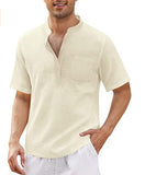 Men's Breathable Cotton Linen Henley Collar Pocket Short Sleeve