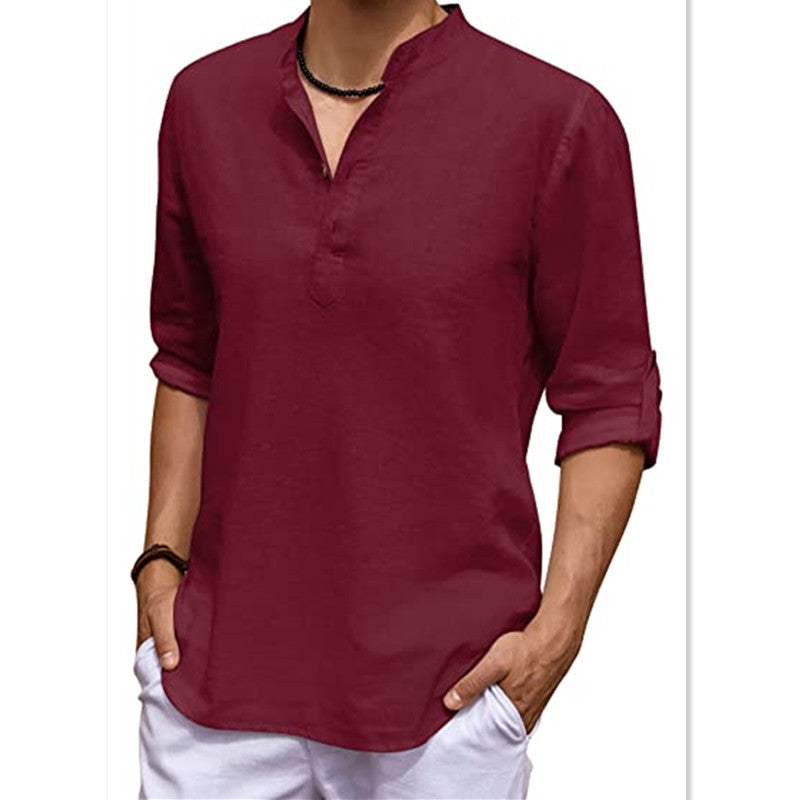 Men's Casual V-Neck Cotton Linen Long Sleeve Shirt